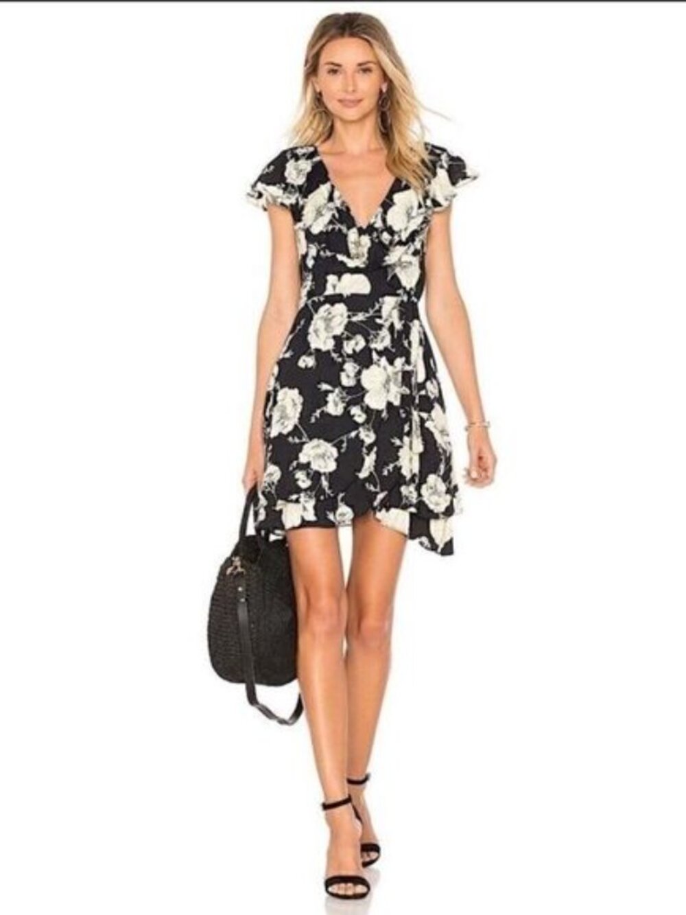 FREE PEOPLE French Quarter Mini Wrap Dress, Black and Cream Floral , Size M - Picture 5 of 9